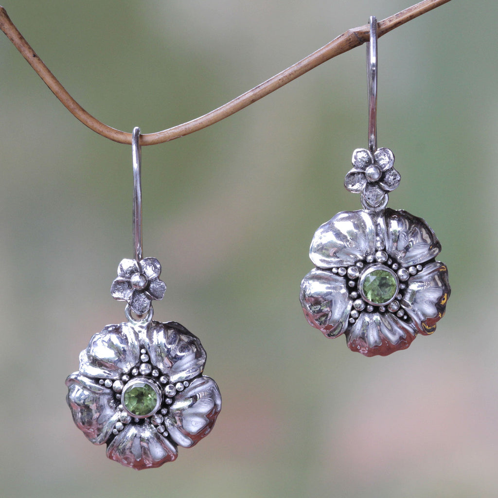 Handcrafted Balinese Peridot Flower Earrings - Hibiscus