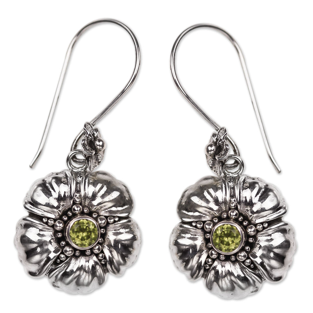 Handcrafted Balinese Peridot Flower Earrings - Hibiscus