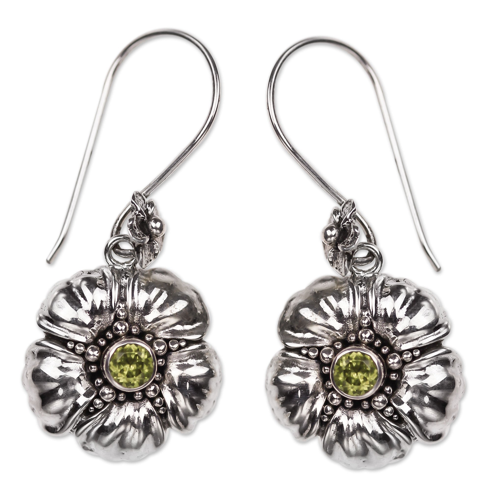 Handcrafted Balinese Peridot Flower Earrings - Hibiscus