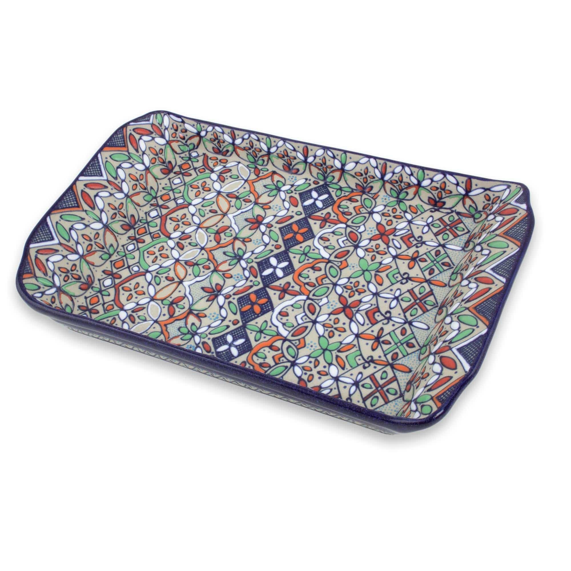 Multicolor Floral Ceramic Square Serving Tray from Mexico - Guanajuato Festivals