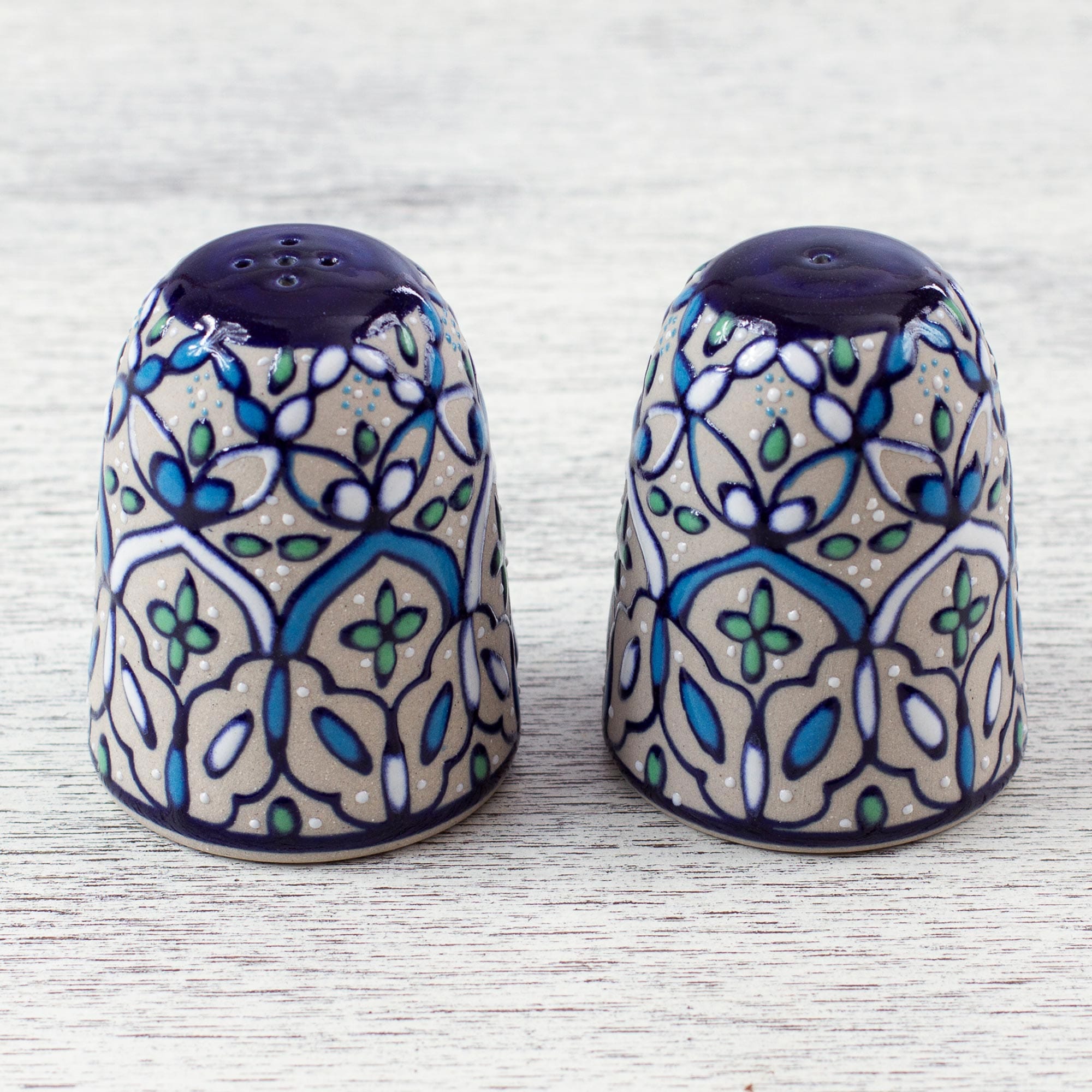 Handcrafted Ceramic Salt and Pepper Shaker in Green and Blue - Road to Guanajuato