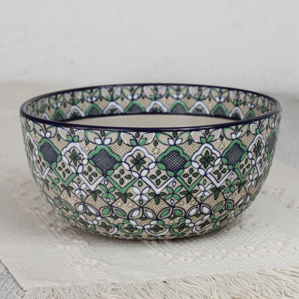 Hand-Painted Ceramic Serving Bowl in Green from Mexico - Green Valley