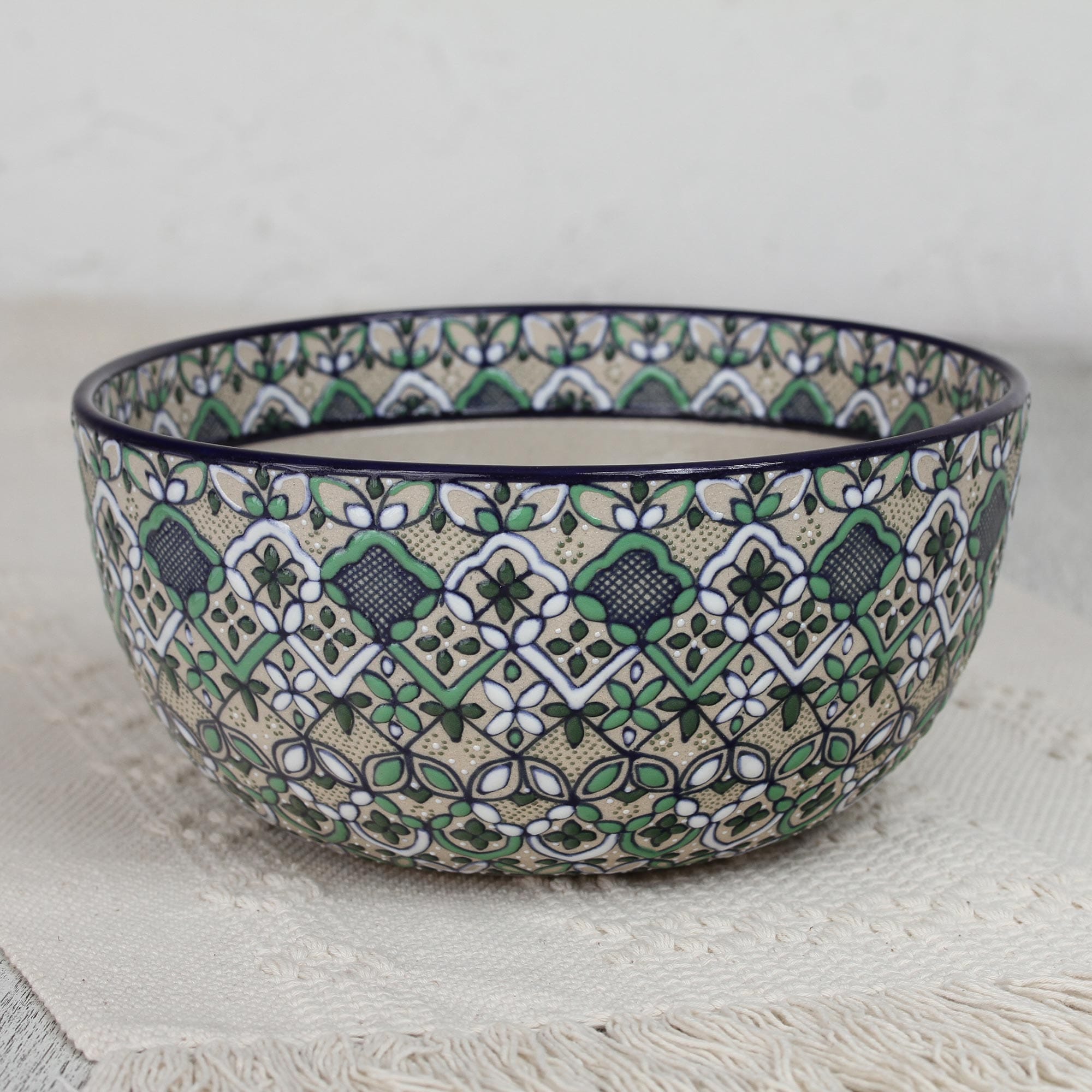Hand-Painted Ceramic Serving Bowl in Green from Mexico - Green Valley