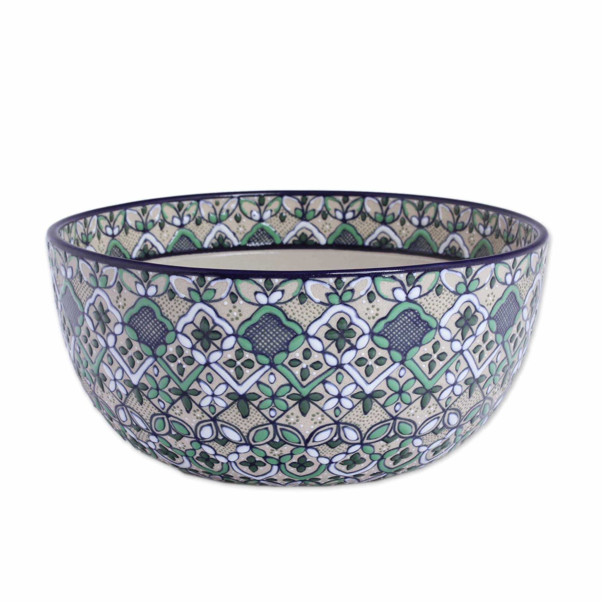 Hand-Painted Ceramic Serving Bowl in Green from Mexico - Green Valley