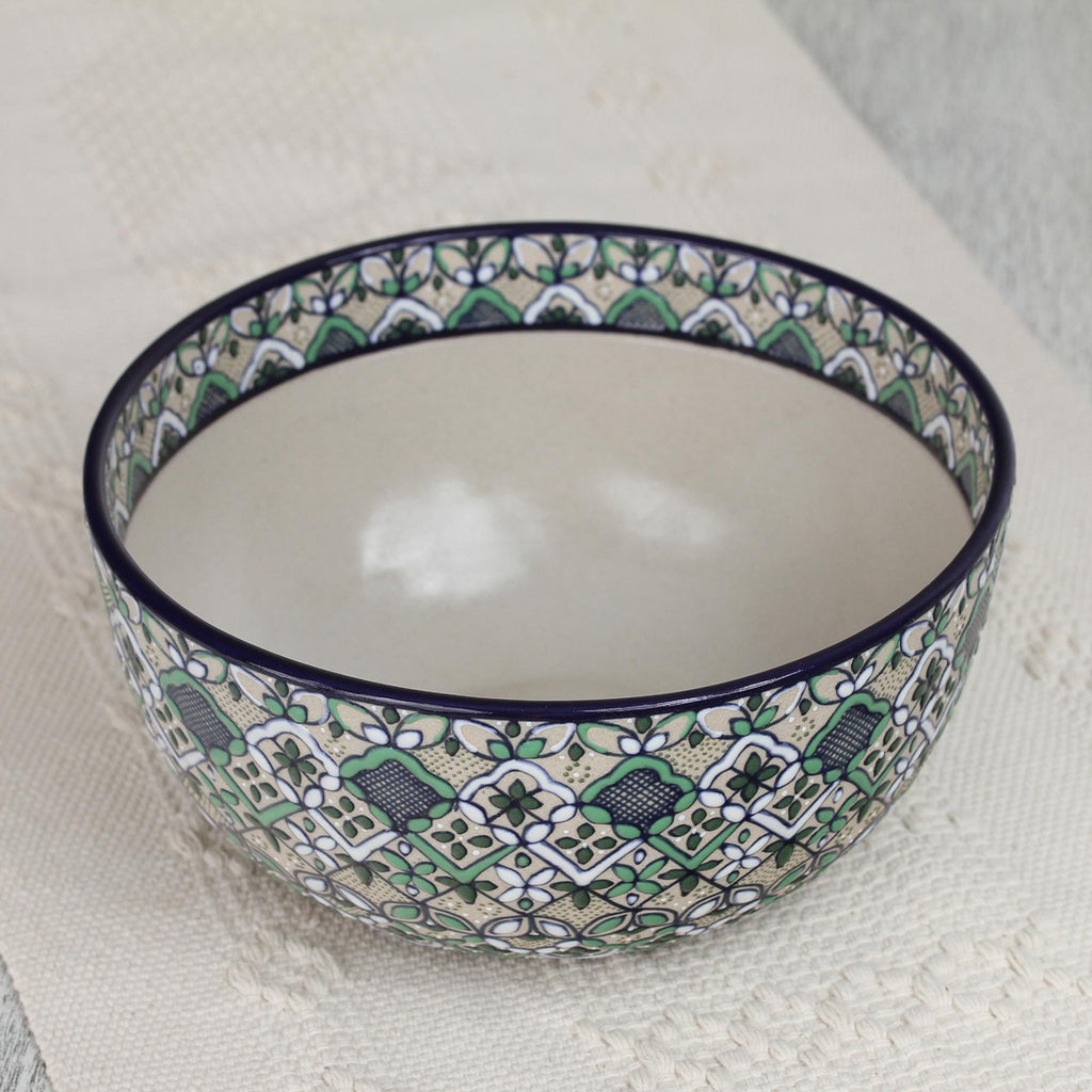 Hand-Painted Ceramic Serving Bowl in Green from Mexico - Green Valley