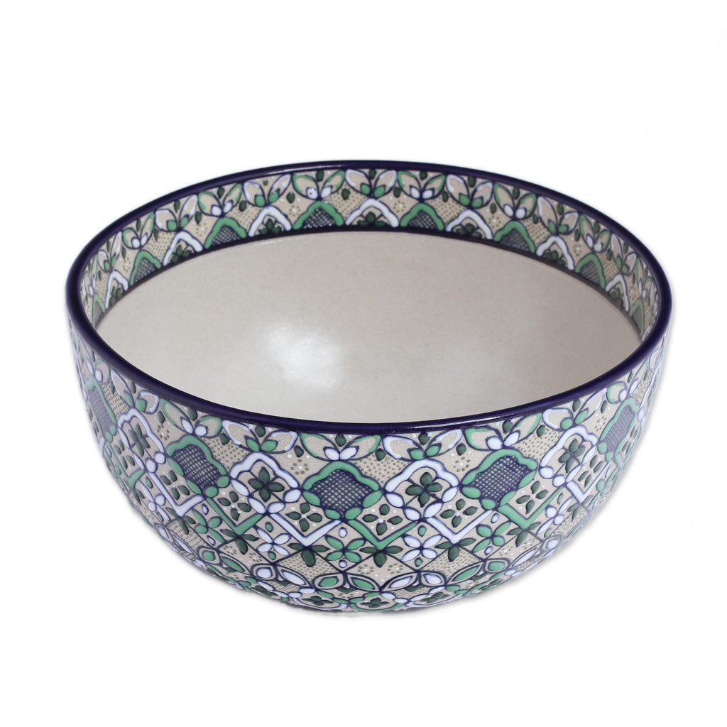 Hand-Painted Ceramic Serving Bowl in Green from Mexico - Green Valley