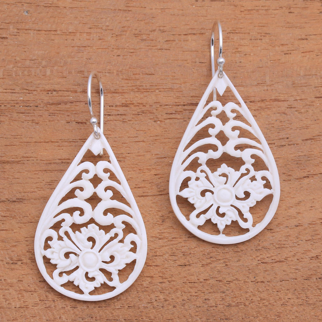 Bone Dangle Earrings with Intricate Openwork from Bali - Bali Pride
