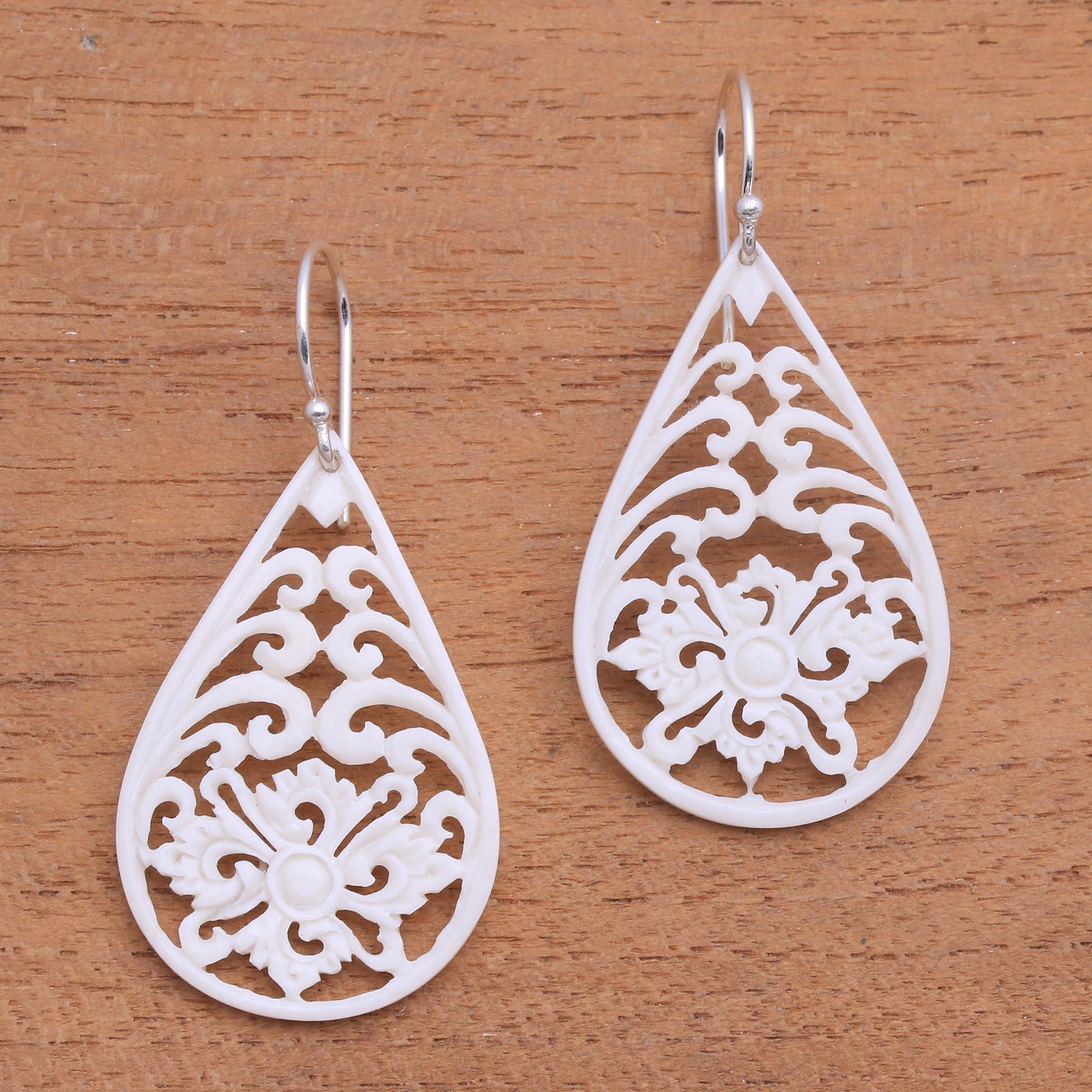 Bone Dangle Earrings with Intricate Openwork from Bali - Bali Pride