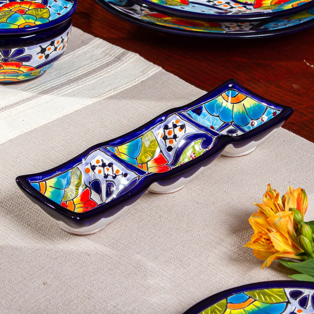 Mexican Talavera Style Ceramic Triple Condiment Dish - Raining Flowers