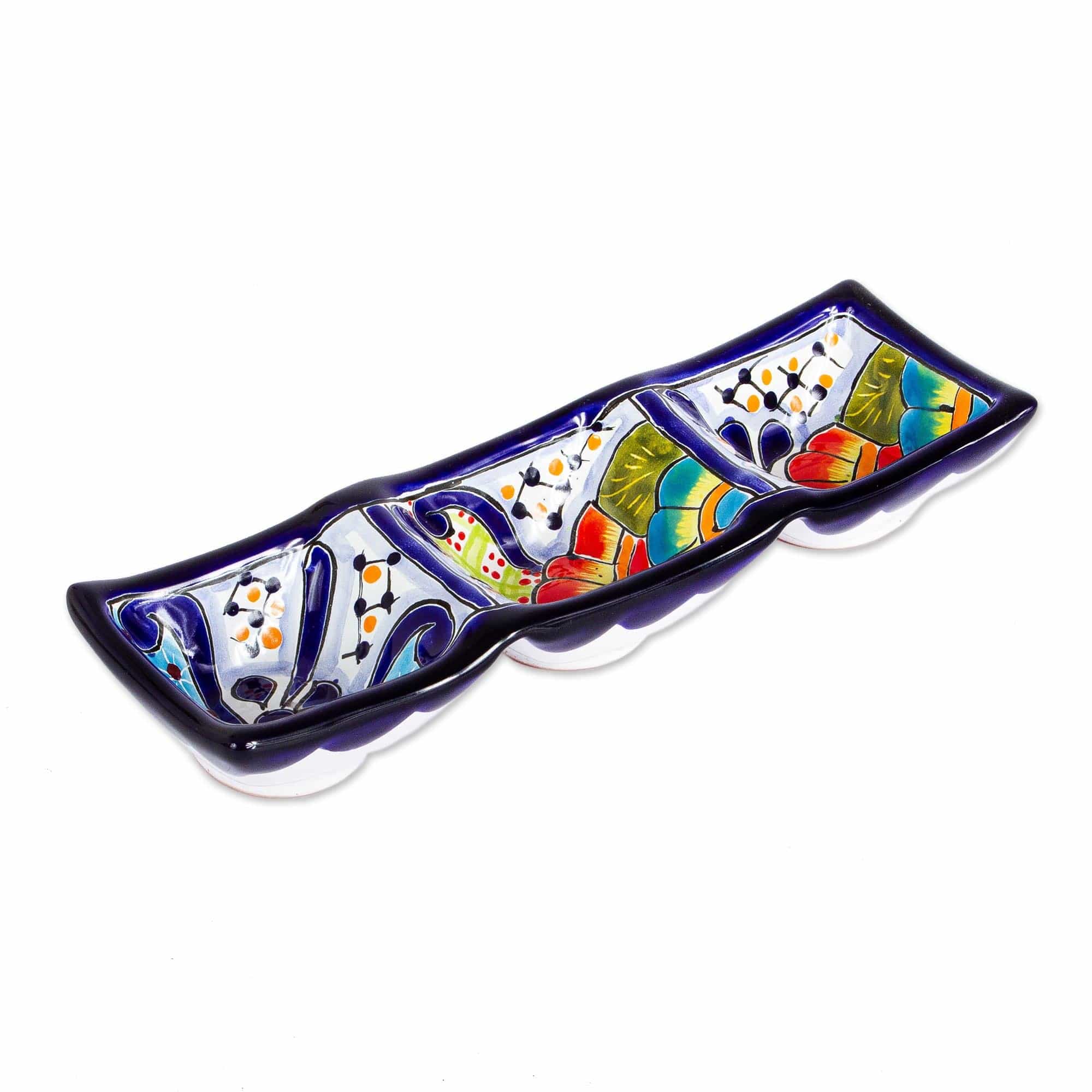 Mexican Talavera Style Ceramic Triple Condiment Dish - Raining Flowers