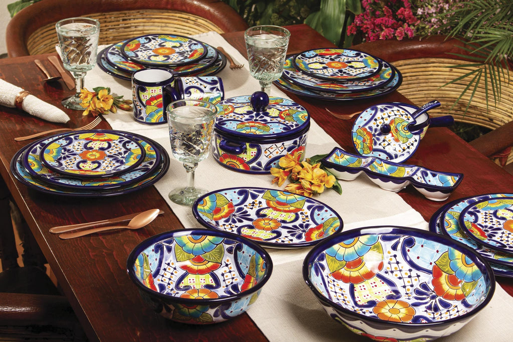 Mexican Talavera Style Ceramic Triple Condiment Dish - Raining Flowers