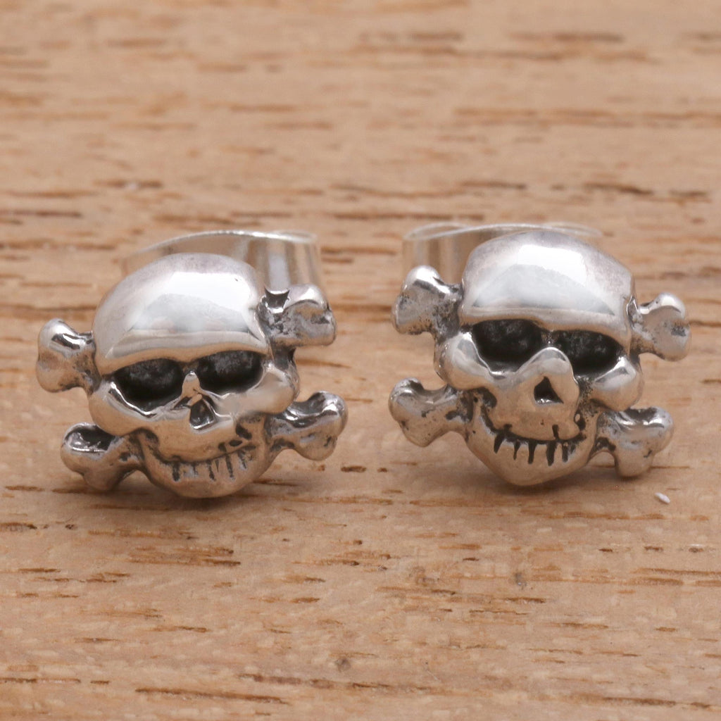 Skull and Crossbones Sterling Silver Stud Earrings from Bali - Skull and Crossbones