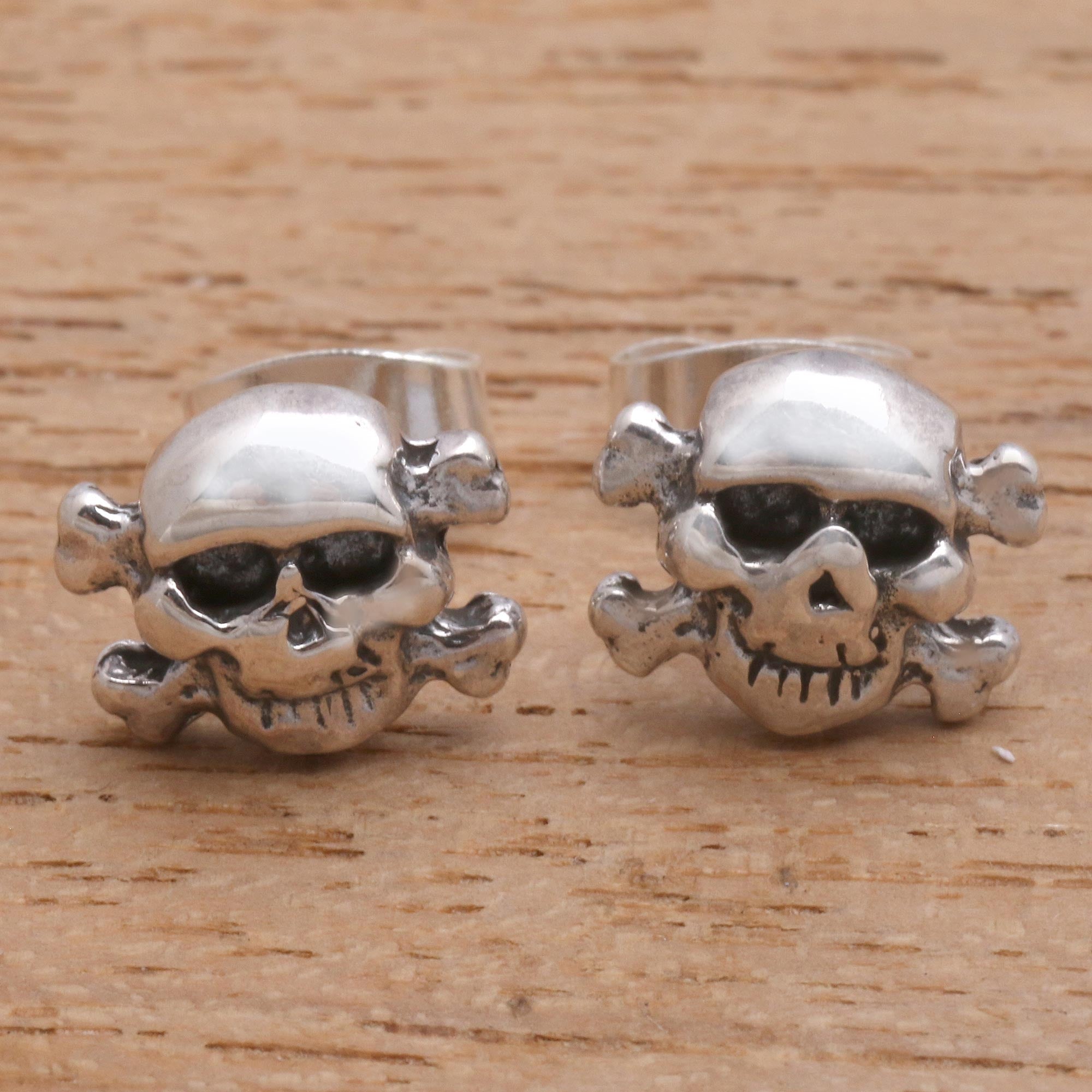 Skull and Crossbones Sterling Silver Stud Earrings from Bali - Skull and Crossbones