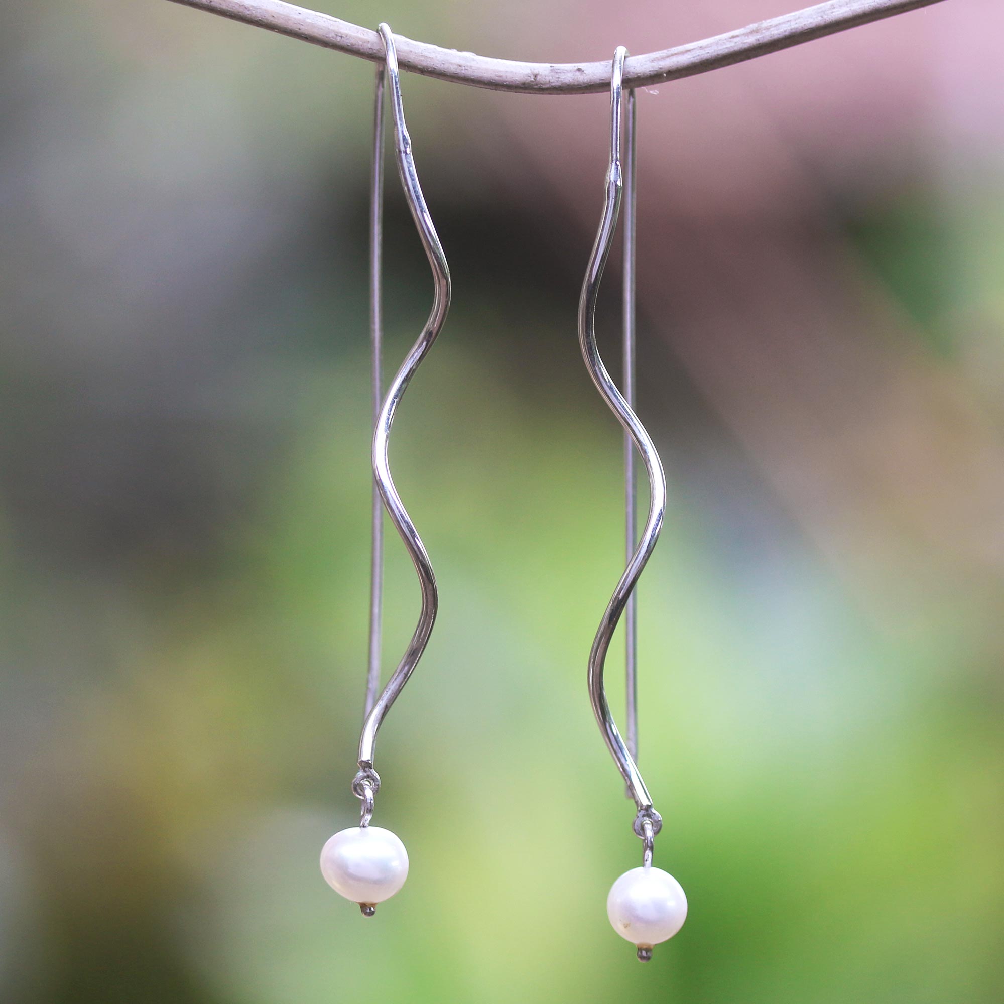 Sterling Silver Dangle Earrings with Peach Cultured Pearls - Falling Peach