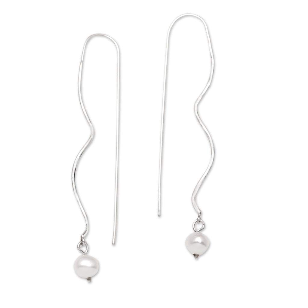 Sterling Silver Dangle Earrings with Peach Cultured Pearls - Falling Peach