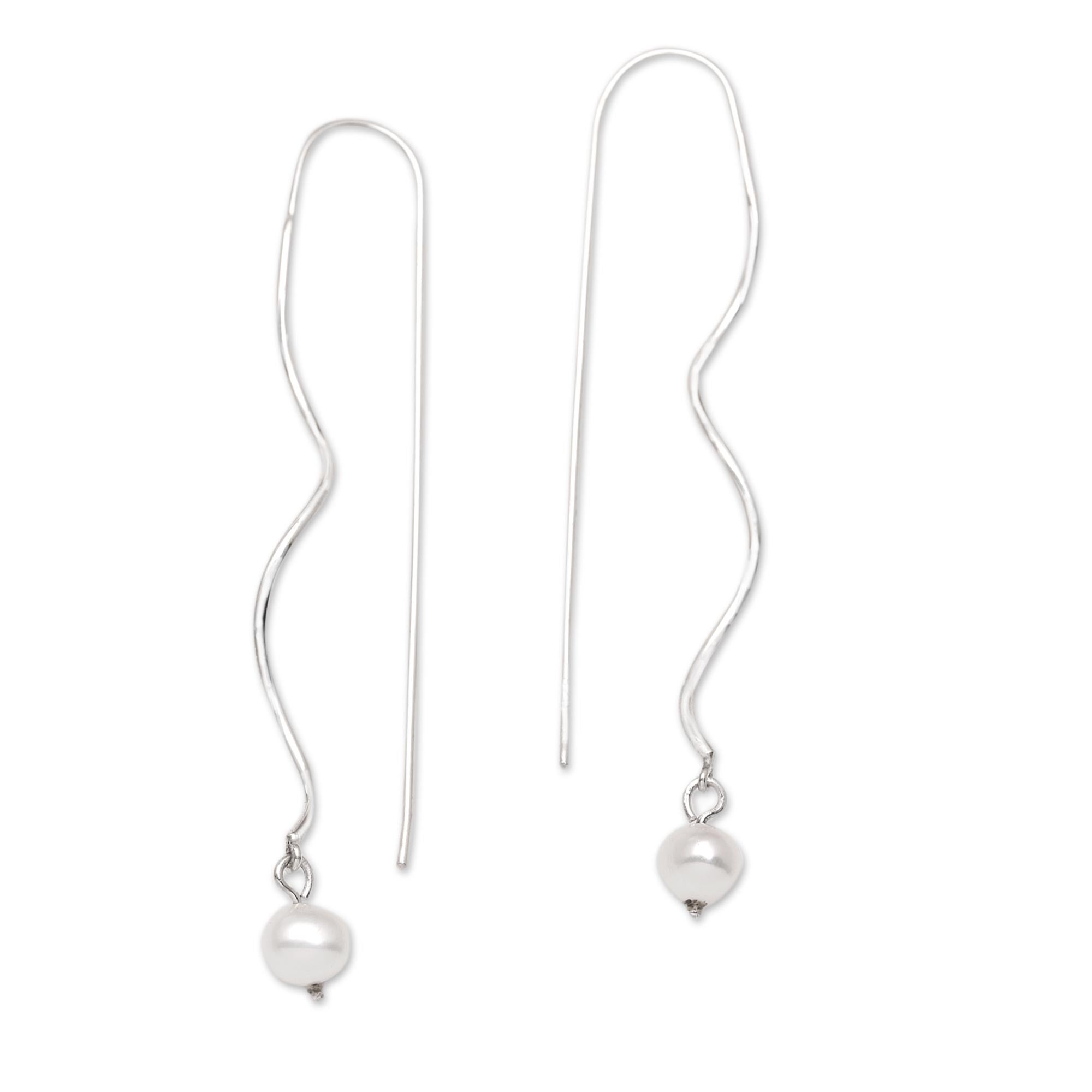 Sterling Silver Dangle Earrings with Peach Cultured Pearls - Falling Peach