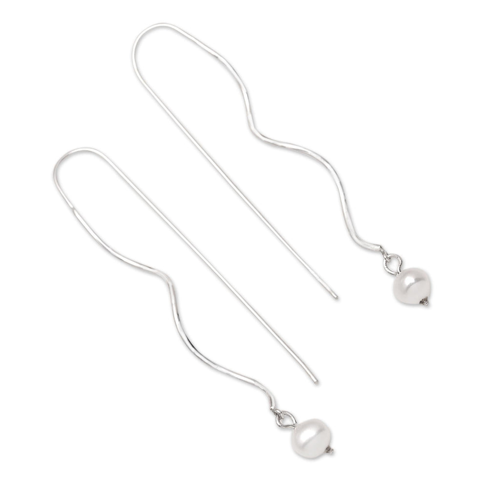 Sterling Silver Dangle Earrings with Peach Cultured Pearls - Falling Peach