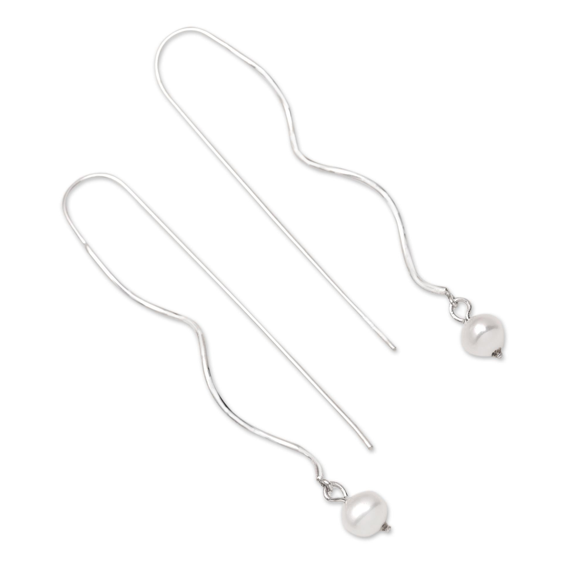 Sterling Silver Dangle Earrings with Peach Cultured Pearls - Falling Peach