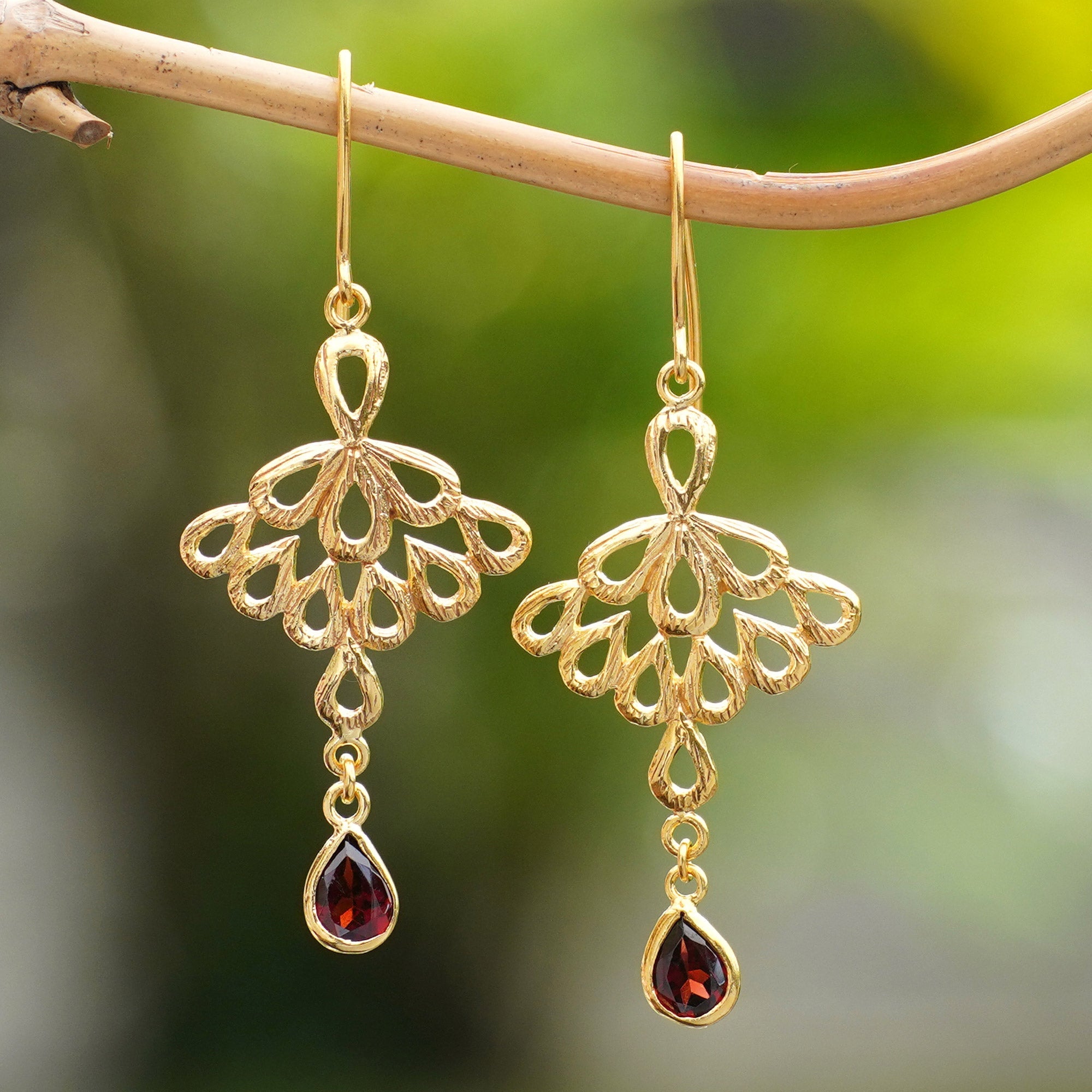 Peacock-Themed Gold-Plated Dangle Earrings with Garnet Gems - Perseverance Feathers