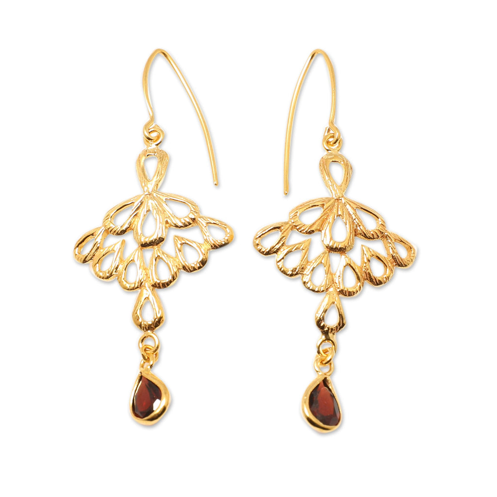 Peacock-Themed Gold-Plated Dangle Earrings with Garnet Gems - Perseverance Feathers