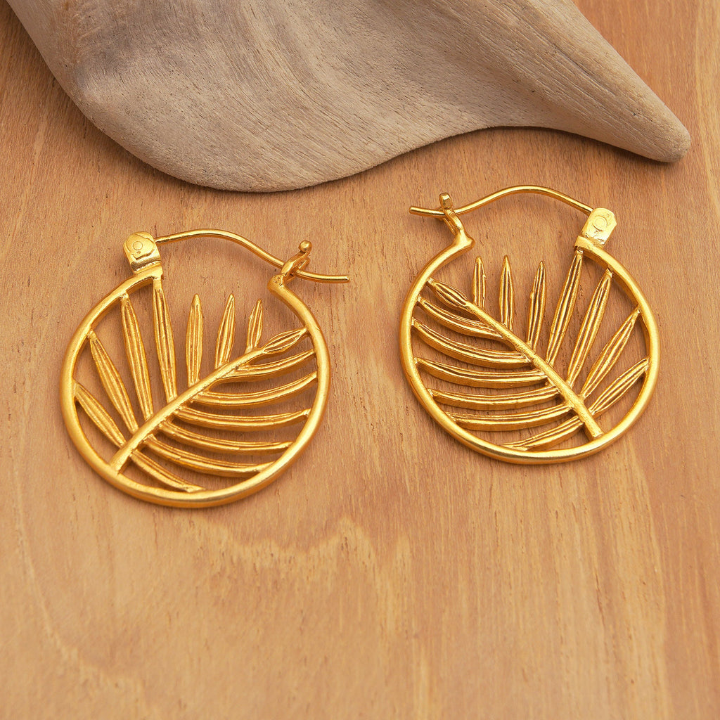 22k Gold-Plated Palm-Themed Hoop Earrings from Indonesia - Palm Flair