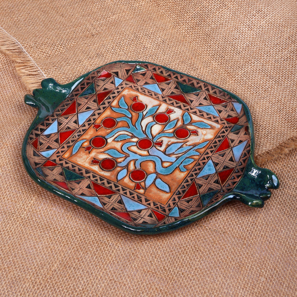 Fair Trade Green and Red Glazed Pomegranate Ceramic Tray - Pomegranate Fortune