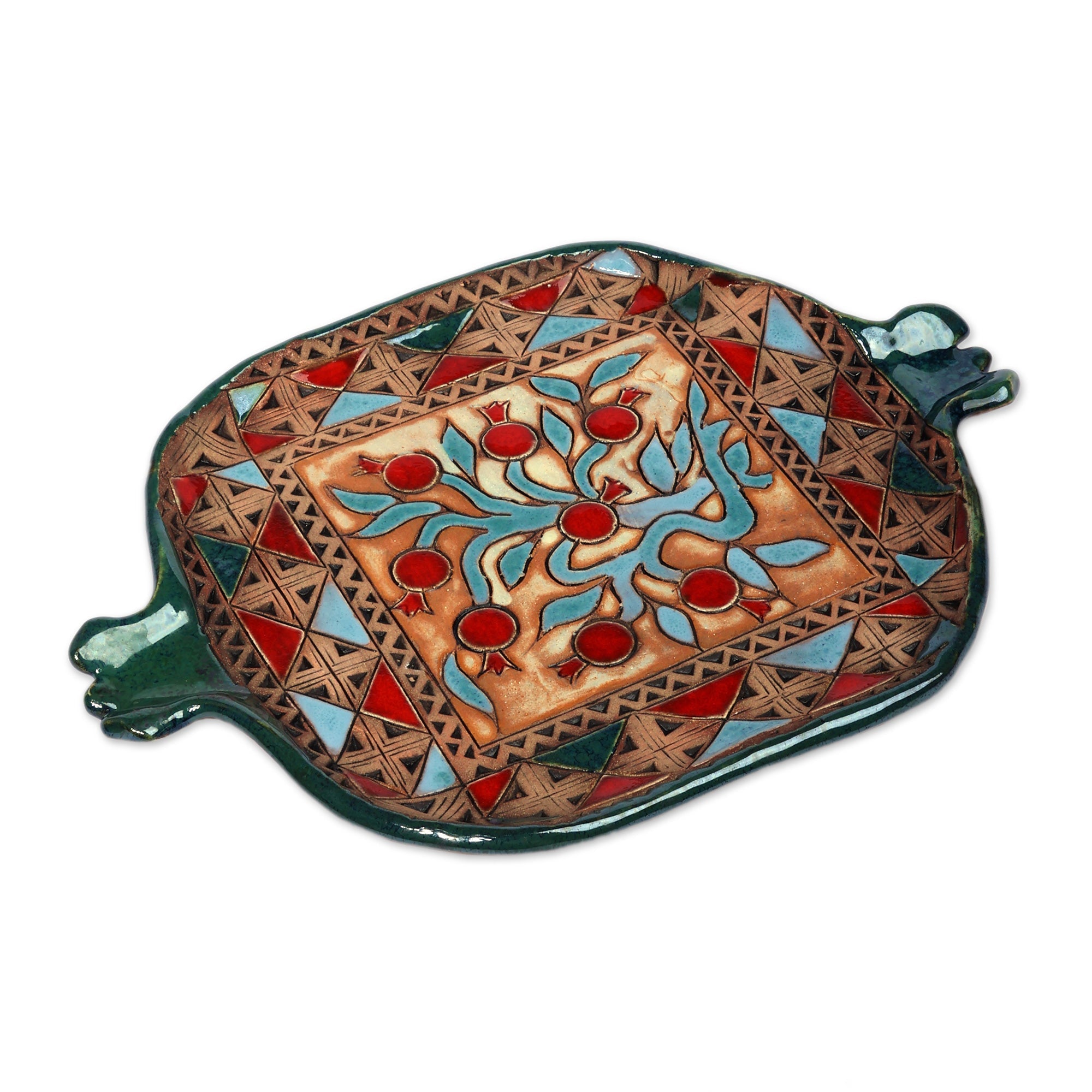 Fair Trade Green and Red Glazed Pomegranate Ceramic Tray - Pomegranate Fortune