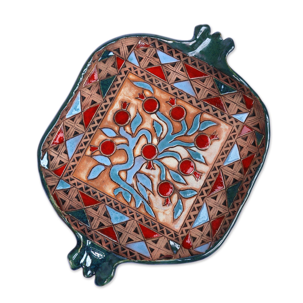Fair Trade Green and Red Glazed Pomegranate Ceramic Tray - Pomegranate Fortune