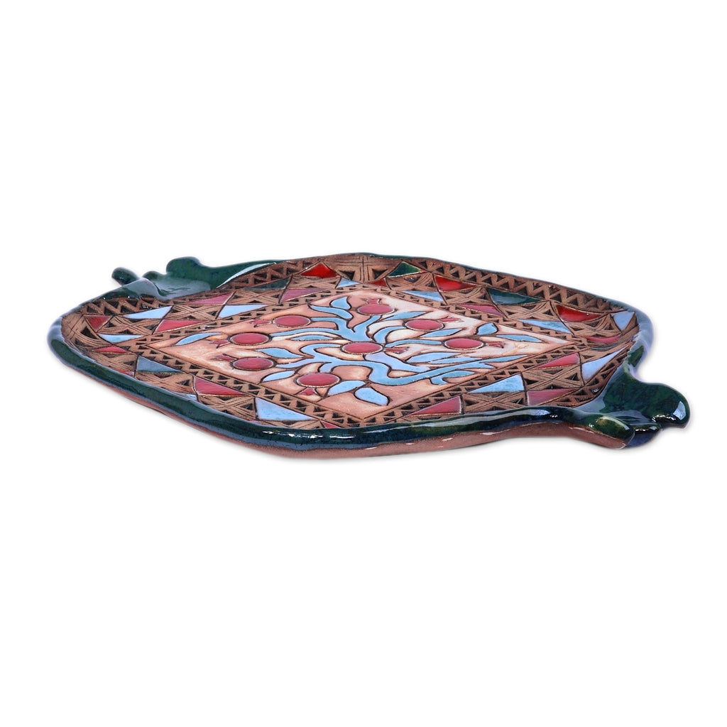 Fair Trade Green and Red Glazed Pomegranate Ceramic Tray - Pomegranate Fortune