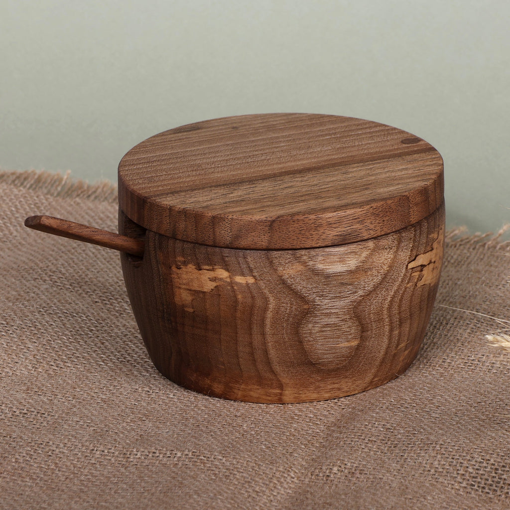 Armenian Hand-Carved Walnut Wood Lidded Bowl and Spoon Set - Sylvan Delicacy