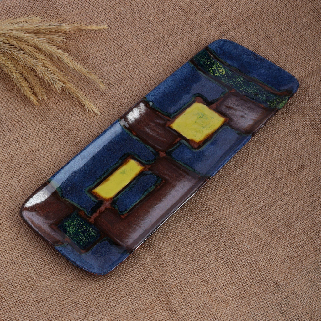 Mosaic-Themed Blue and Brown Rectangular Ceramic Platter - Mosaic Feast
