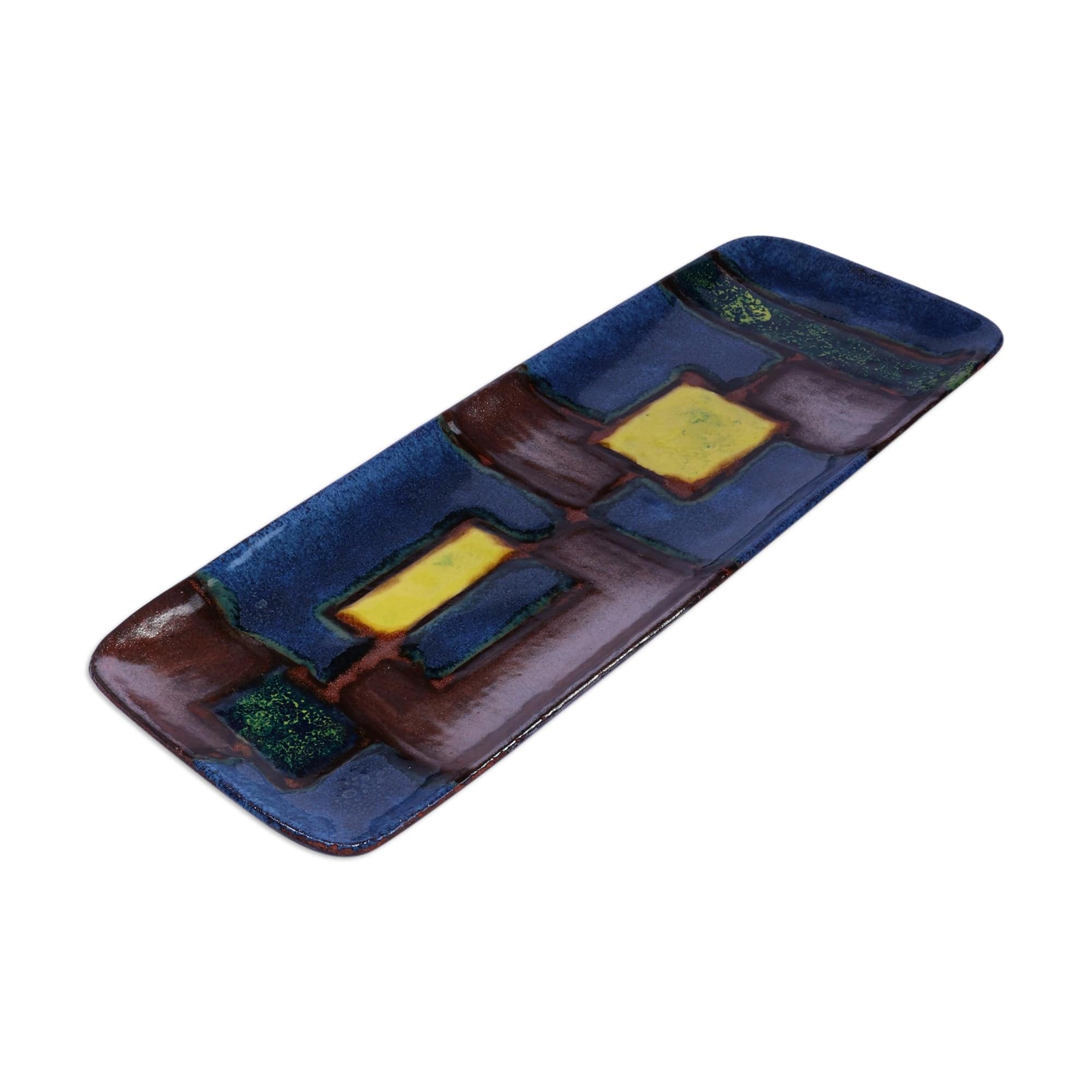 Mosaic-Themed Blue and Brown Rectangular Ceramic Platter - Mosaic Feast