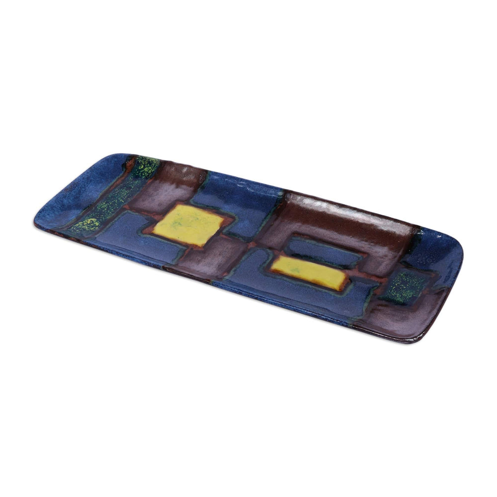 Mosaic-Themed Blue and Brown Rectangular Ceramic Platter - Mosaic Feast
