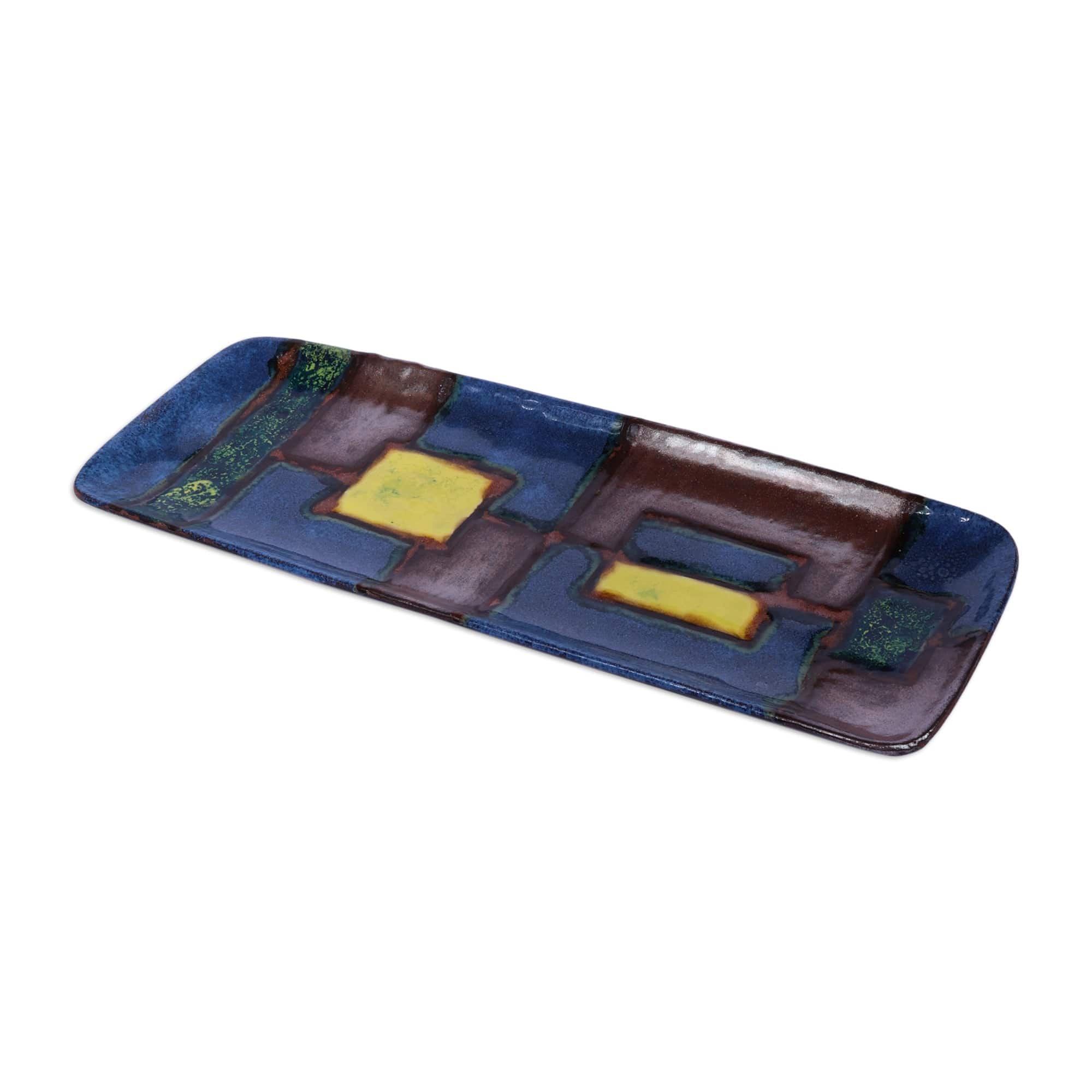 Mosaic-Themed Blue and Brown Rectangular Ceramic Platter - Mosaic Feast