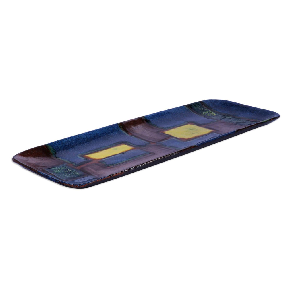 Mosaic-Themed Blue and Brown Rectangular Ceramic Platter - Mosaic Feast