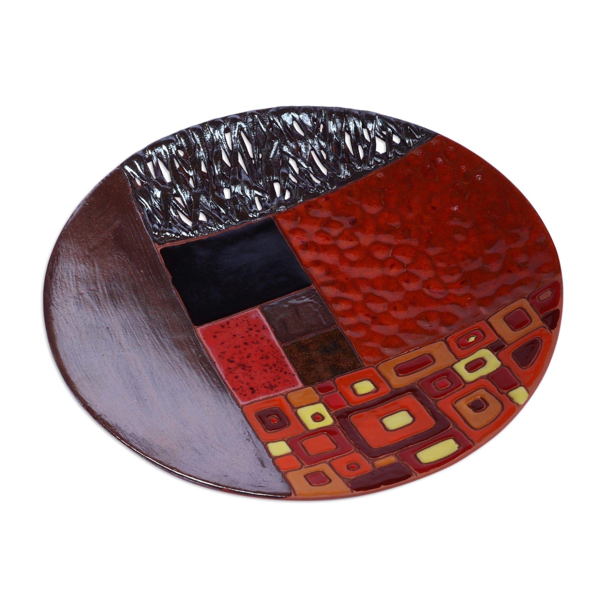 Armenian-Made Warm-Toned Glazed Round Ceramic Serving Plate - Sunburst Mosaic