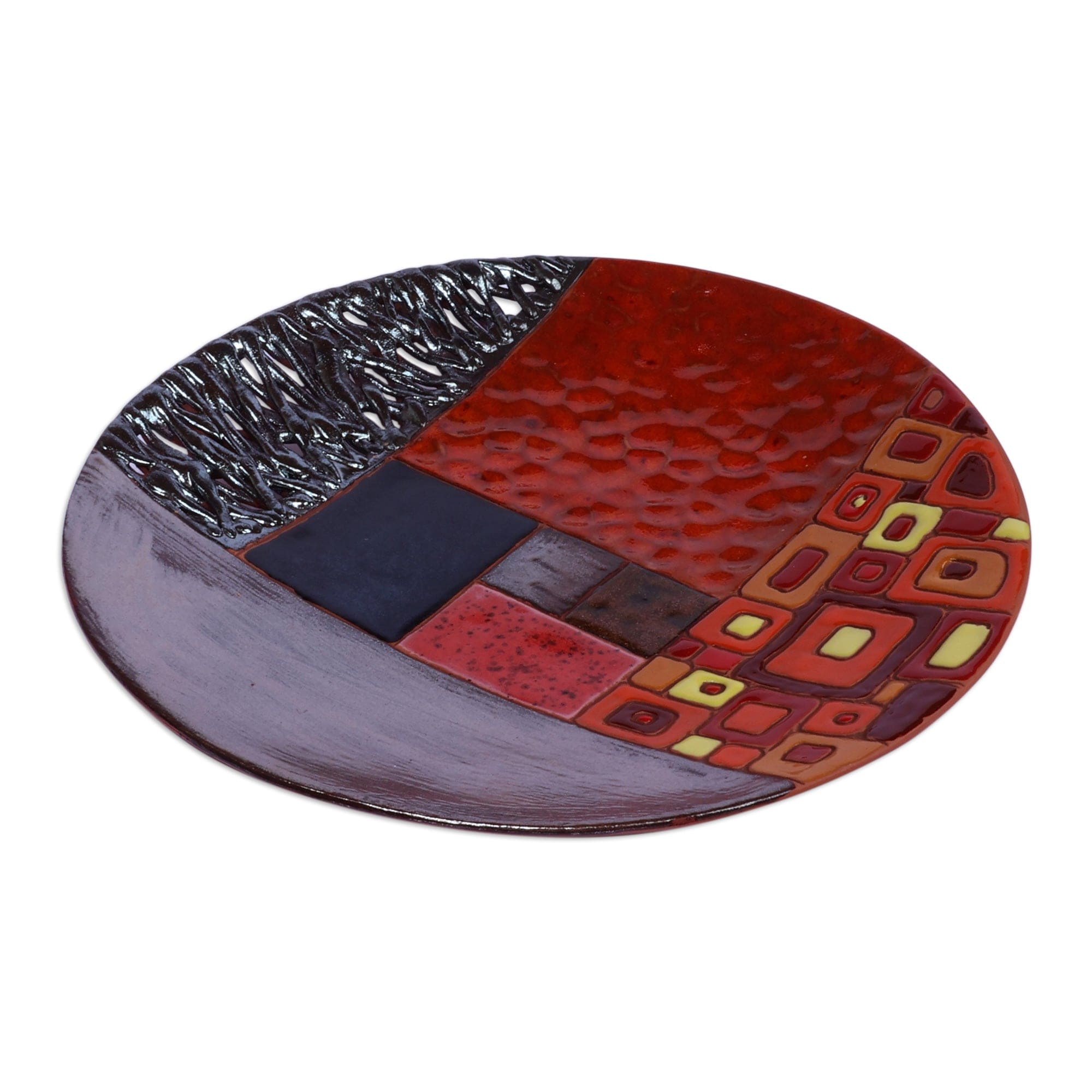 Armenian-Made Warm-Toned Glazed Round Ceramic Serving Plate - Sunburst Mosaic